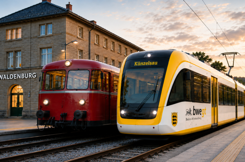 KI-generiert Alter roter Triebwagen und moderner gelb-weißer Zug der bwegt nebeneinander am Bahnhof Waldenburg bei Sonnenuntergang
