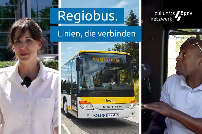 Dieses Bild zeigt drei Ausschnitte aus einem Video: Links die Reporterin Dorothée Frei-Stahl, in der Mitte einen weiß-gelb-schwarzen, fahrenden Regiobus und rechts einen Busfahrer im Fahrerstand. Außerdem ist folgender Text abgebildet: Regiobus. Linien, die verbinden. Oben rechts ist zudem das Logo des Zukunftsnetzwerk ÖPNV in weißer Farbe abgebildet.