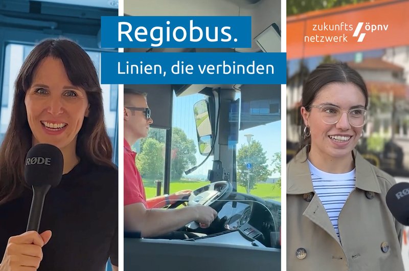 Auf dem dreigeteilten Bild sind eine Moderatorin, ein Busfahrer und ein Fahrgast zu sehen.